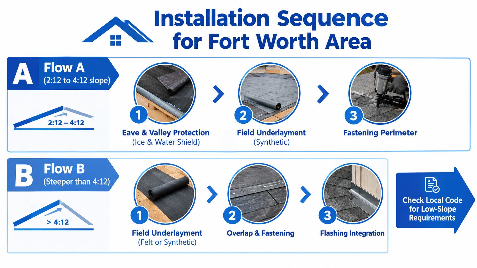 An infographic showing the installation sequence for roof underlayment on different slope angles in Fort Worth.