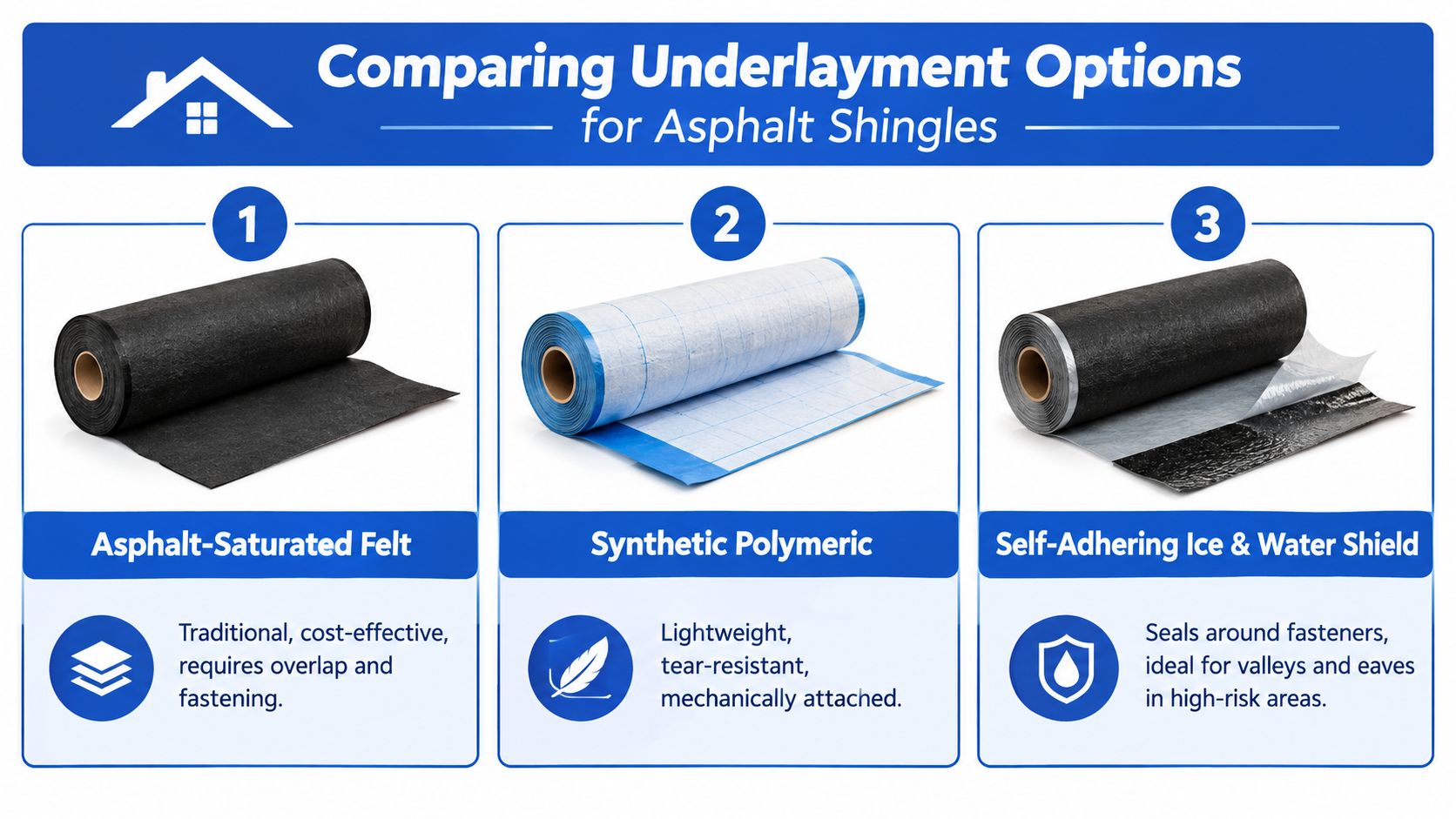 A comparison chart showing three common types of roofing underlayment for asphalt shingles including felt and synthetic.