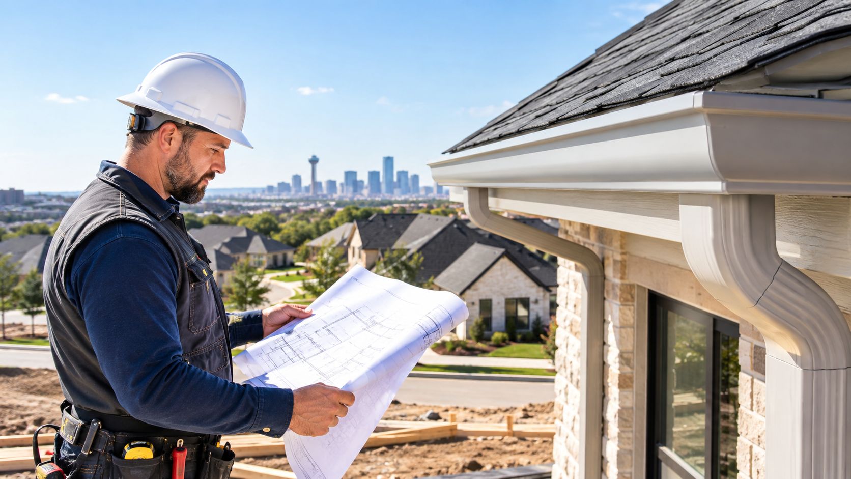A construction supervisor in a white hard hat inspects blueprints on a residential building site.