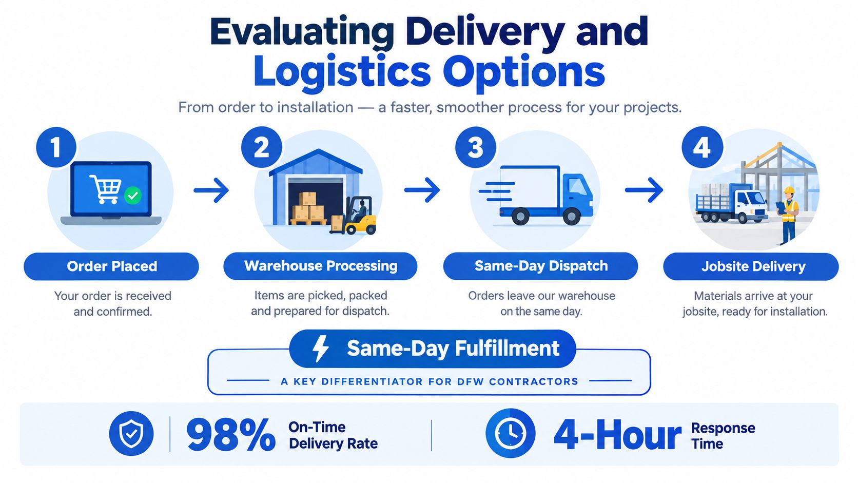 A process flow chart illustrating the four steps of professional same-day logistics and jobsite delivery services.