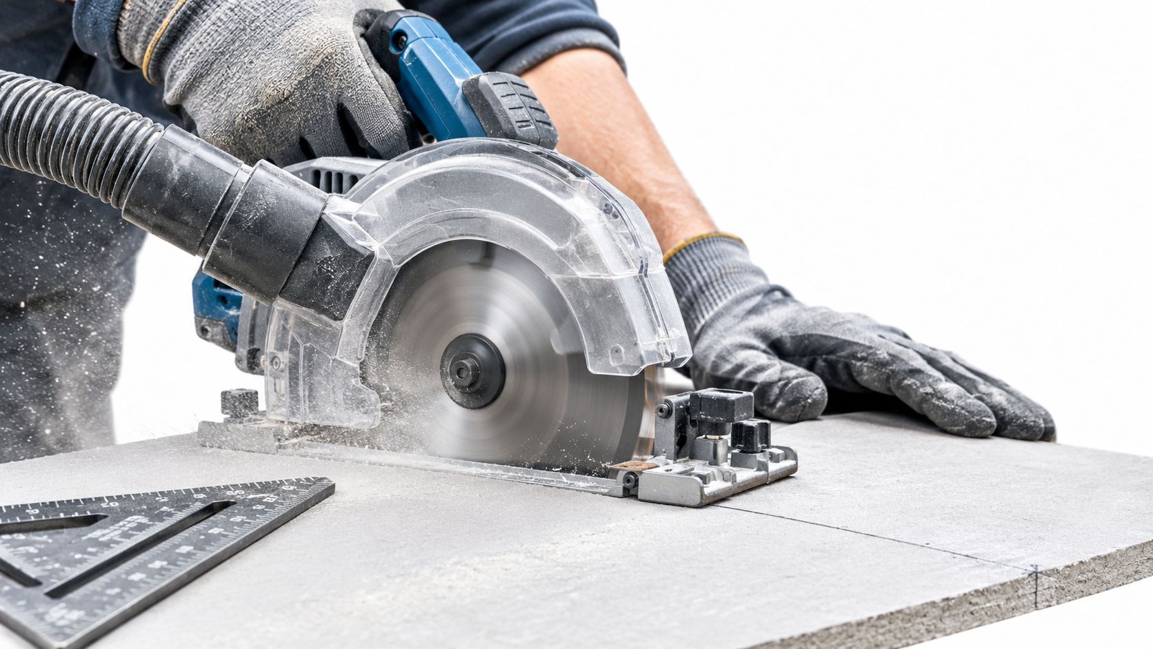 A construction worker wearing gloves uses a circular saw with dust extraction to cut fiber cement board.