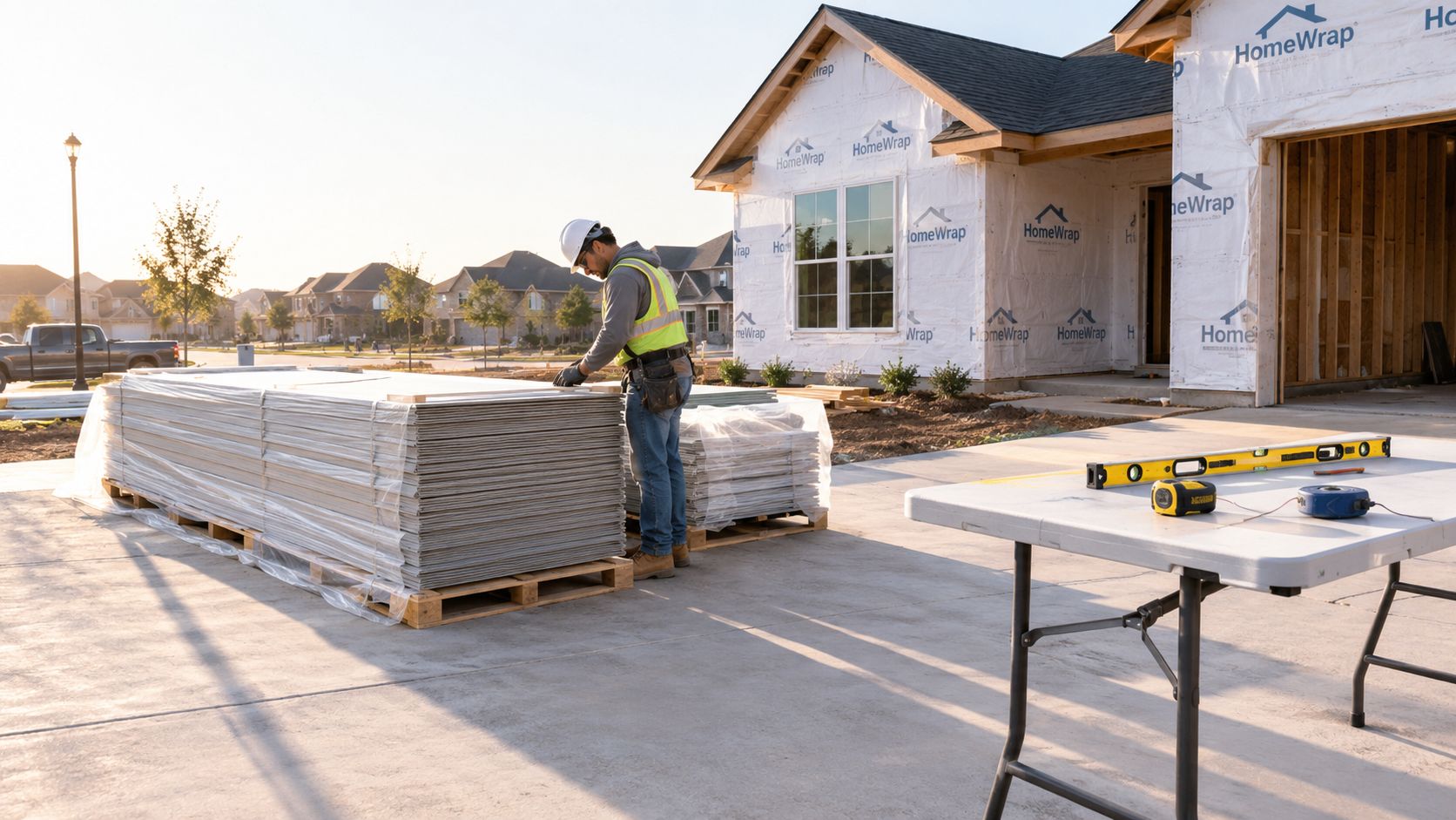 A construction worker in a hard hat inspects a pallet of fiber cement siding at a residential site.