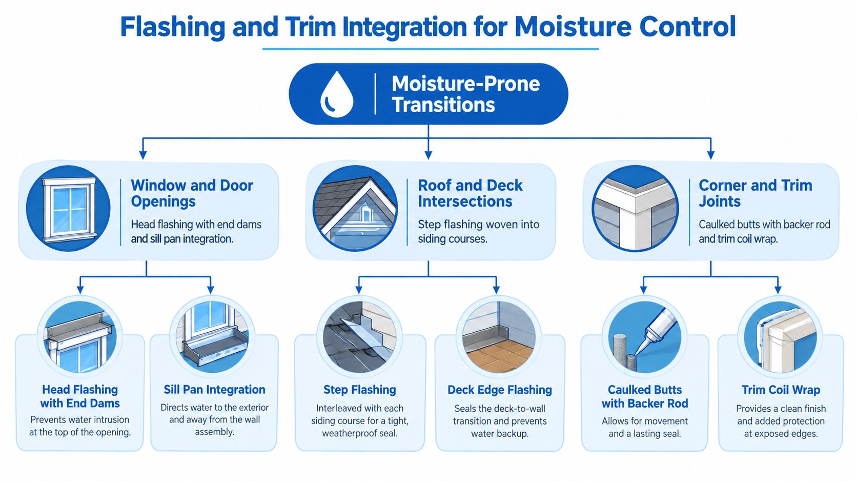 A diagram illustrating flashing and trim integration techniques to prevent moisture damage at various building envelope transitions.