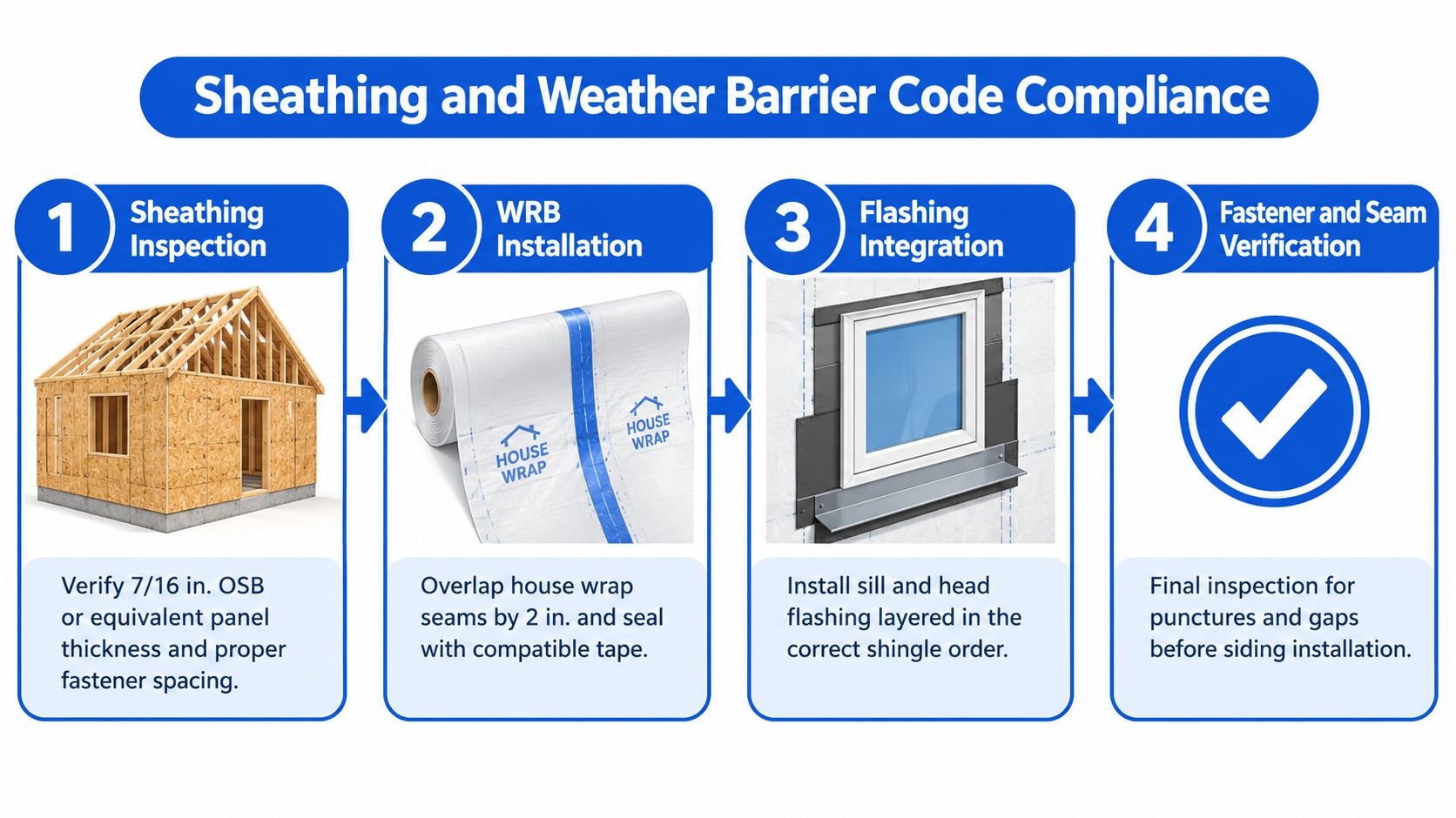 A four-step infographic illustrating the process for proper sheathing and weather barrier installation on a house frame.