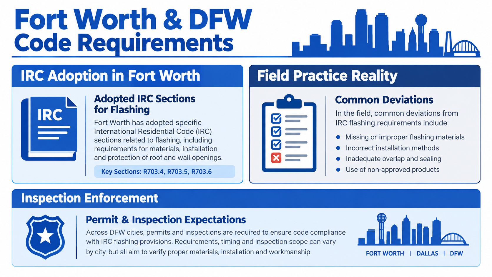 An infographic showing Fort Worth and DFW building code requirements for residential flashing, installation, and inspection standards.