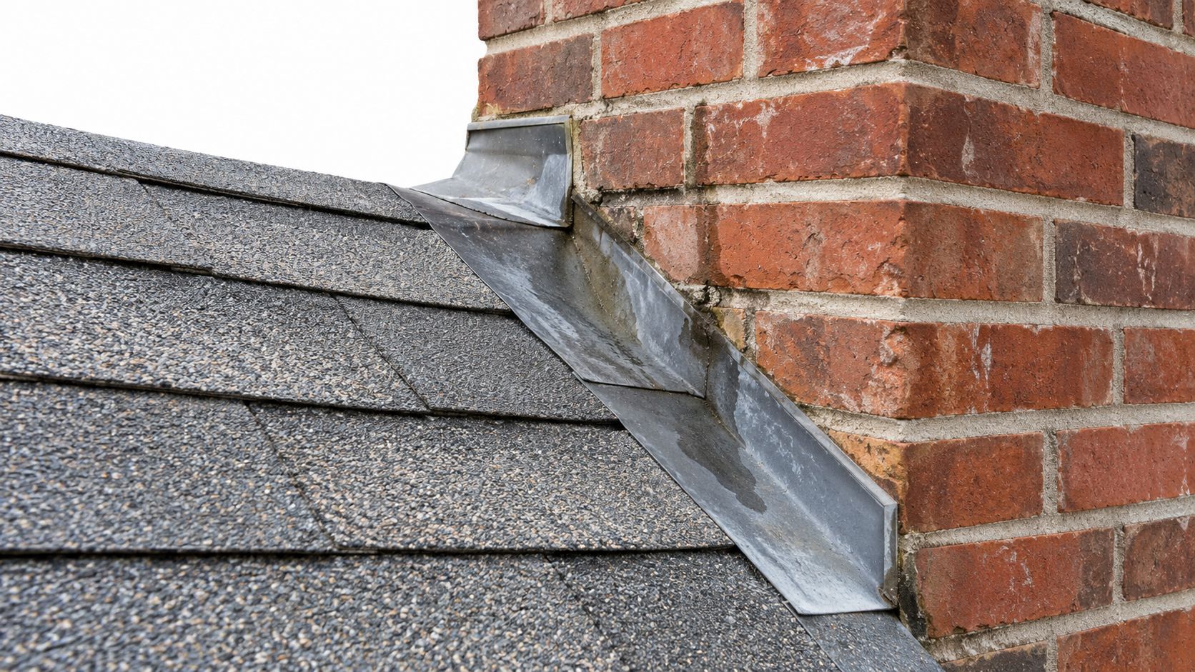 Close-up view showing metal roof flashing installed where a sloped shingle roof meets a brick chimney.