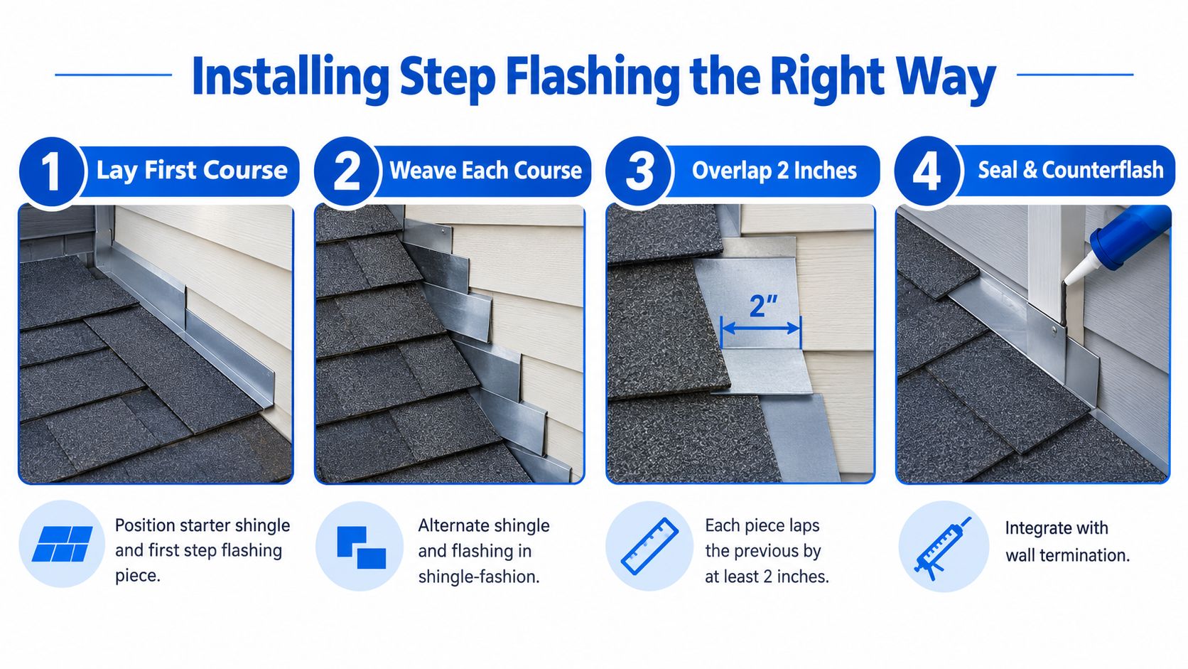 A four-step infographic illustrating the professional method for installing step flashing along a roof and wall junction.