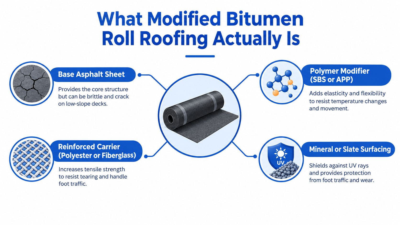 An infographic detailing the four main components of modified bitumen roll roofing used in commercial roofing systems.