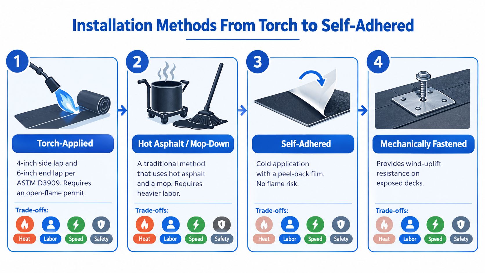 A diagram comparing four common installation methods for roofing systems: torch-applied, hot asphalt, self-adhered, and mechanically fastened.