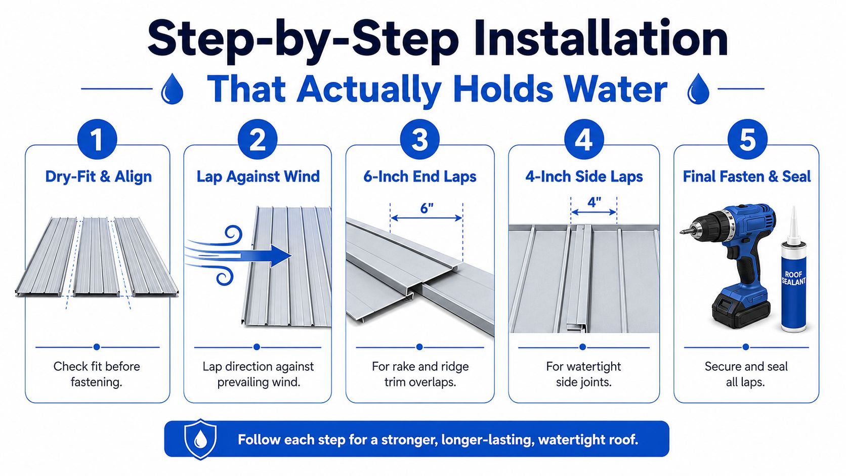 A five-step guide on how to properly install metal roofing panels to ensure a watertight seal.