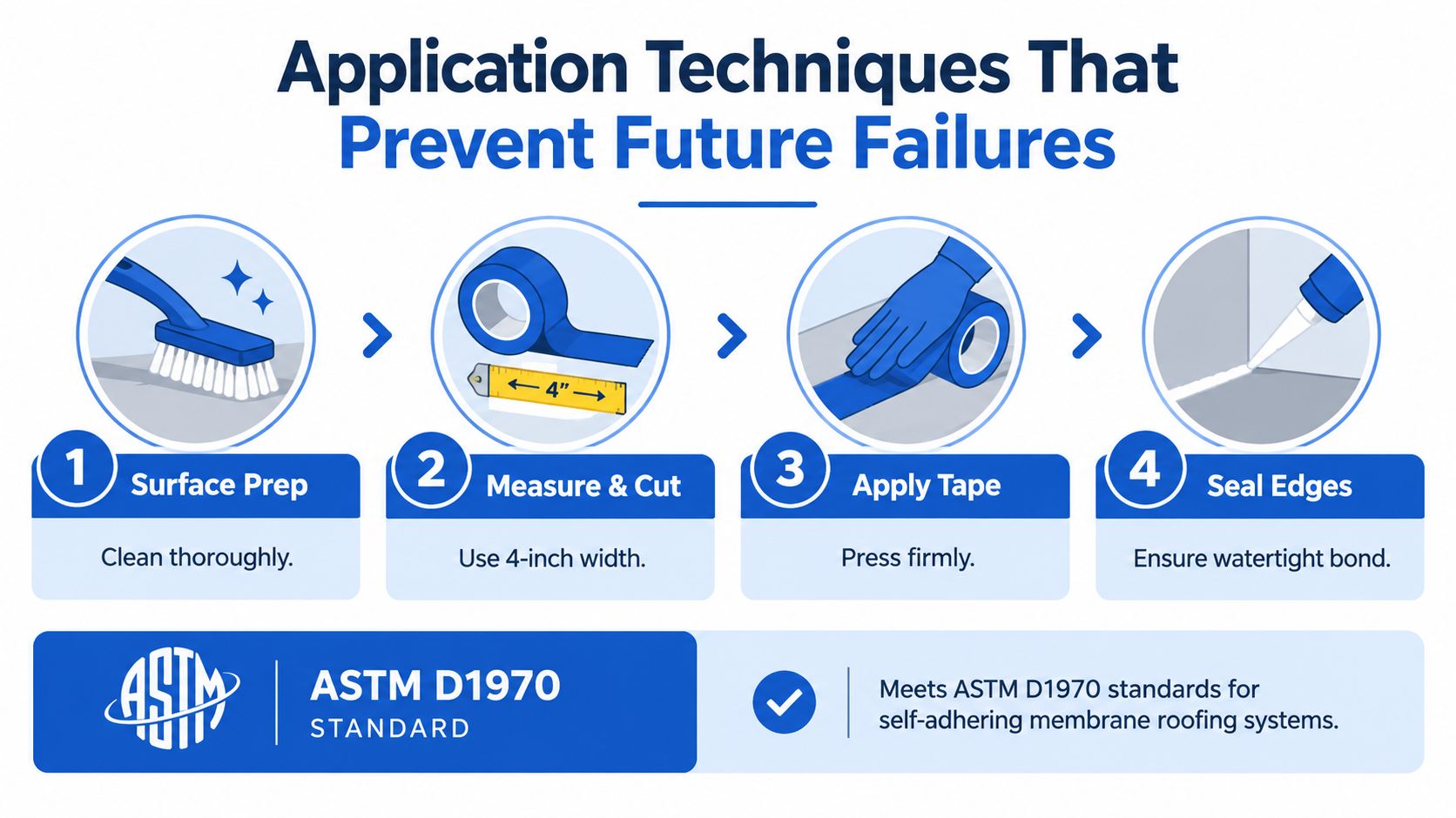 A four-step infographic illustrating the proper application techniques for using roof flashing tape to ensure watertight seals.