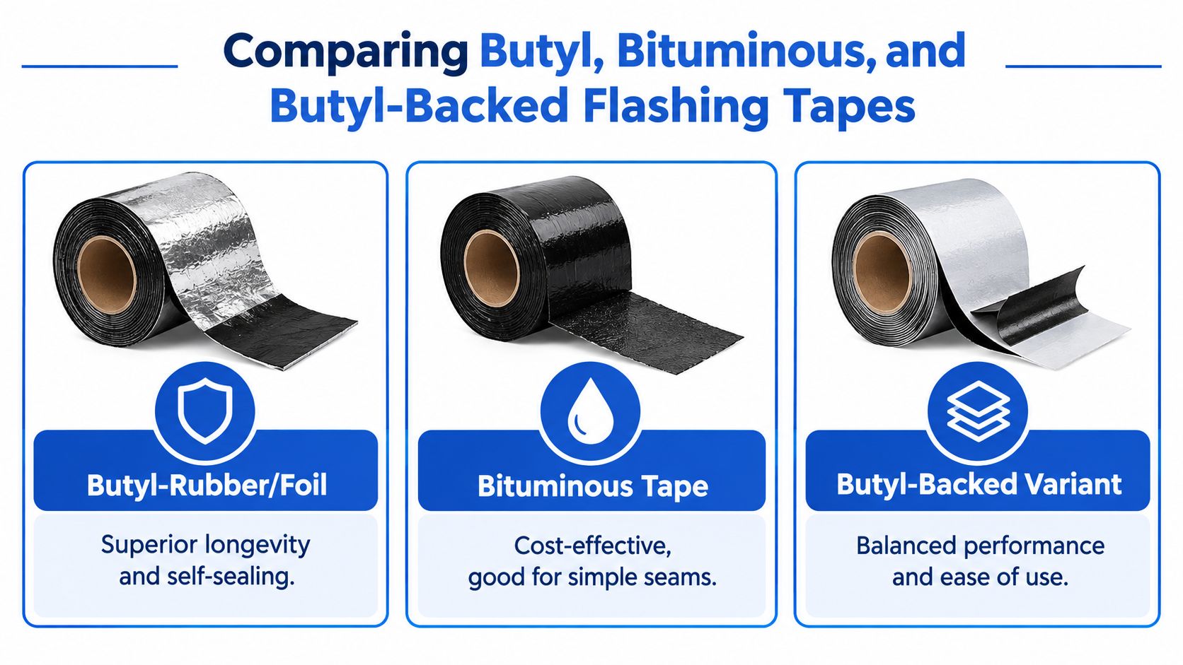 A comparison chart showing three types of flashing tape: Butyl-Rubber/Foil, Bituminous Tape, and a Butyl-Backed variant.