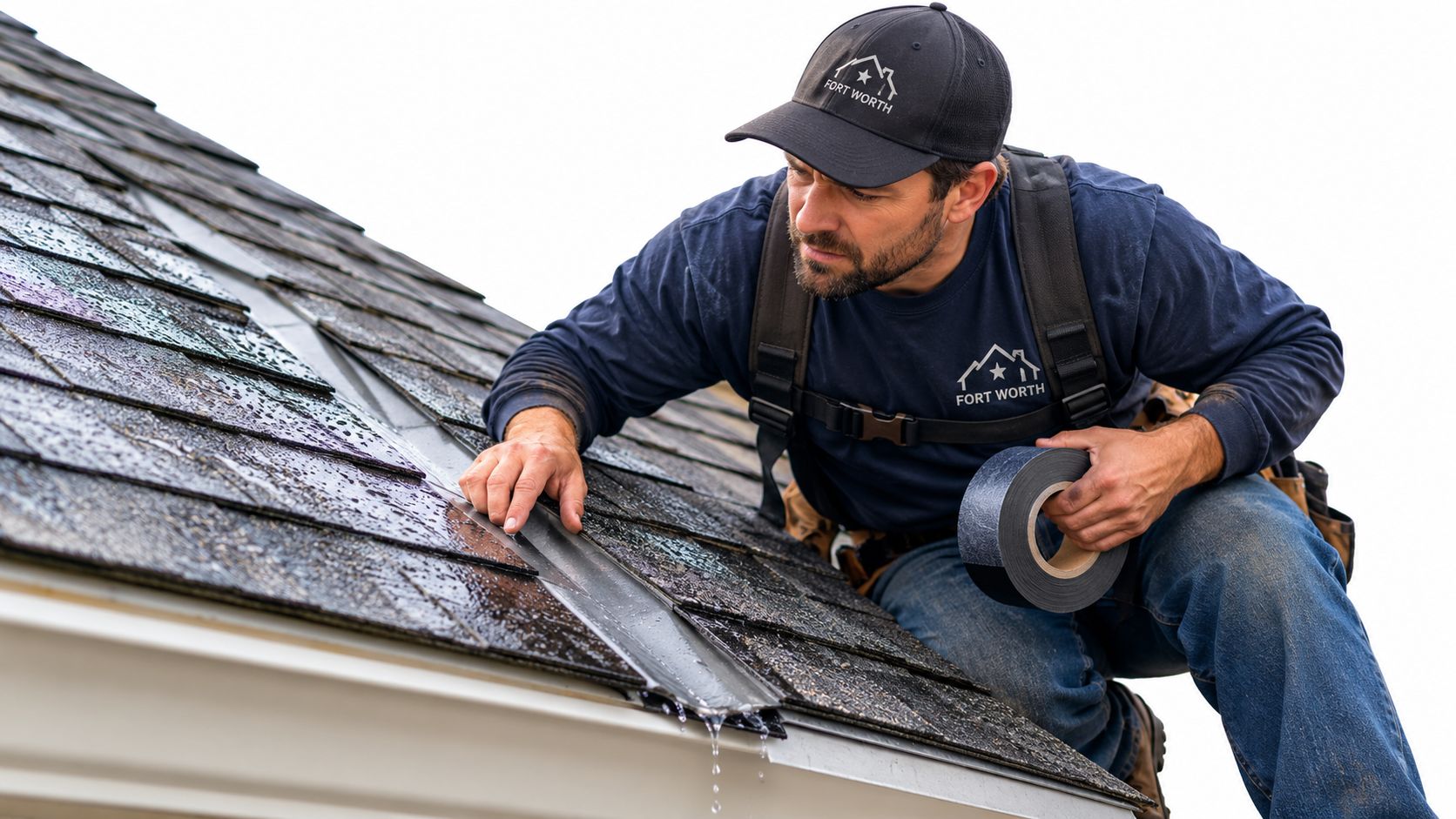 A professional roofer in a Fort Worth branded shirt applying roof flashing tape on a rainy roof.