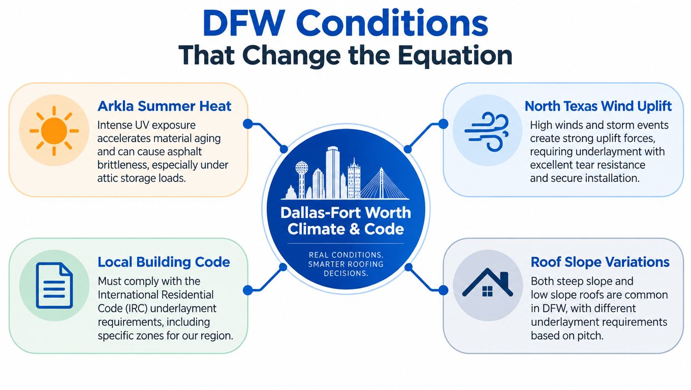 An infographic detailing environmental and regulatory factors affecting roof underlayment decisions in the Dallas-Fort Worth area.