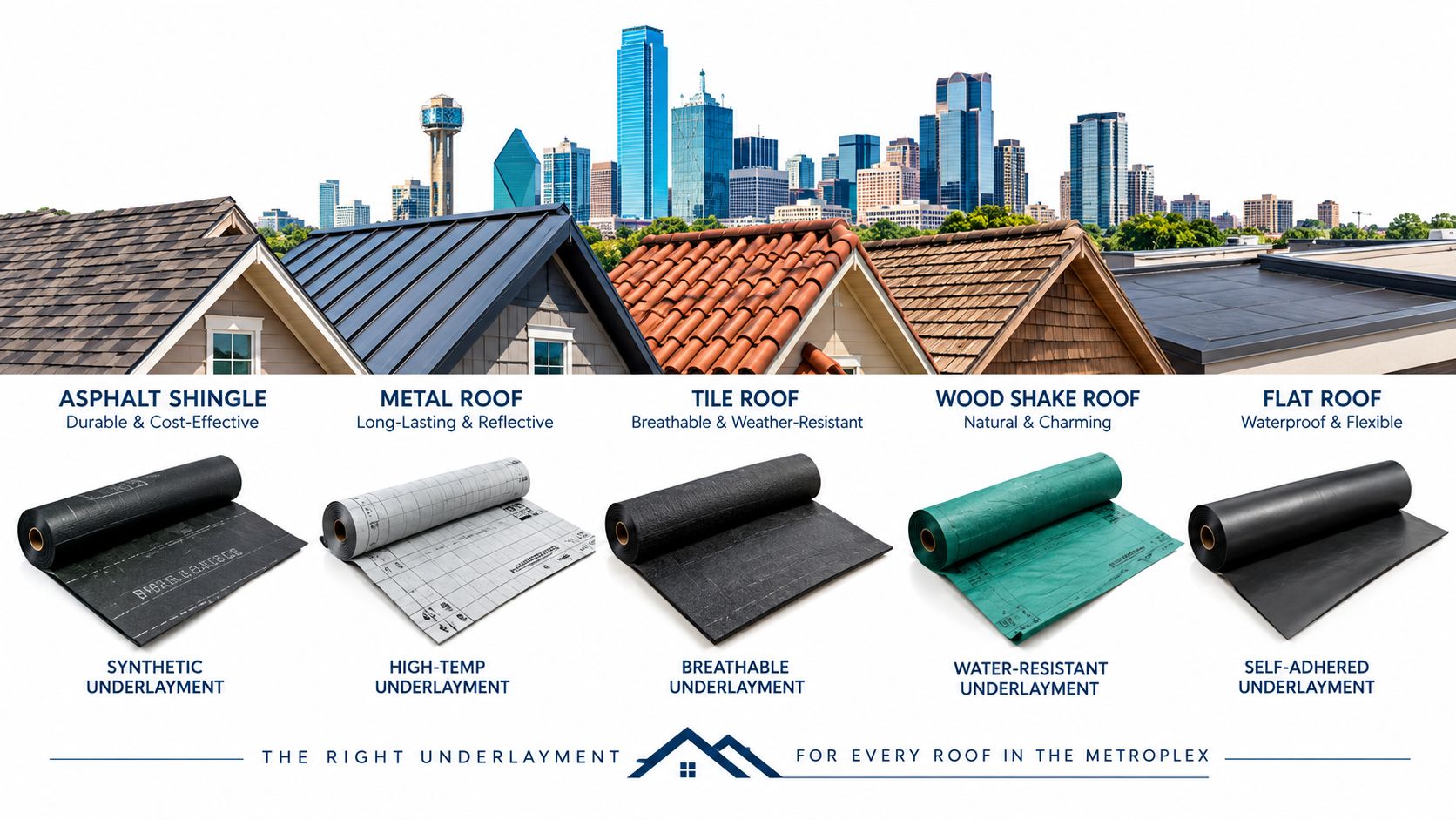 A visual guide comparing various roof types and their corresponding compatible underlayment materials against a city skyline background.