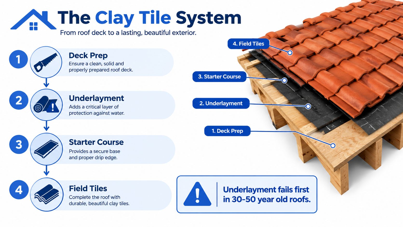 A diagram illustrating the four installation steps of a clay tile roofing system on a wooden frame.