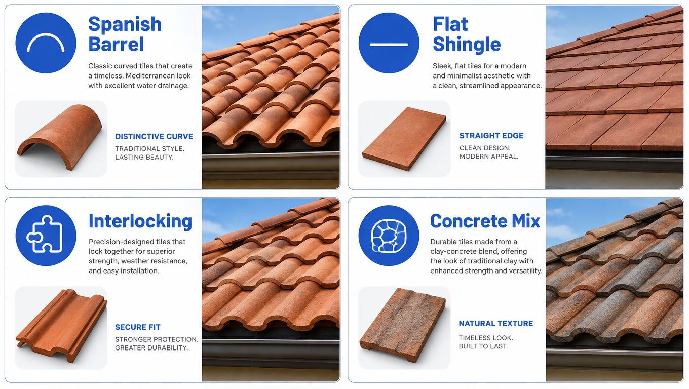 A product infographic showcasing four different types of roof tiles: Spanish Barrel, Flat Shingle, Interlocking, and Concrete Mix.