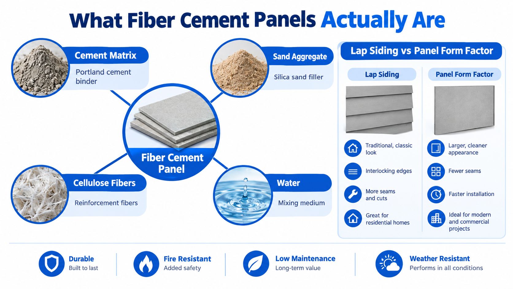 An infographic showing the composition of fiber cement panels including cement, sand, cellulose fibers, and water.