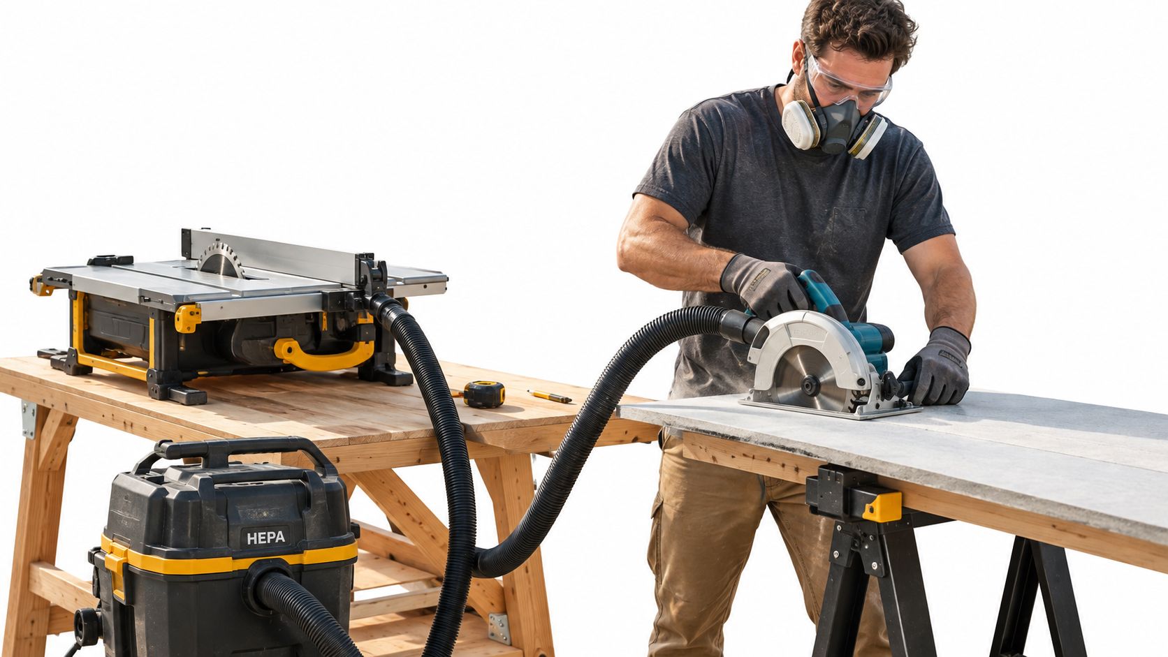 A worker cutting fiber cement siding with a circular saw connected to a vacuum for dust control.