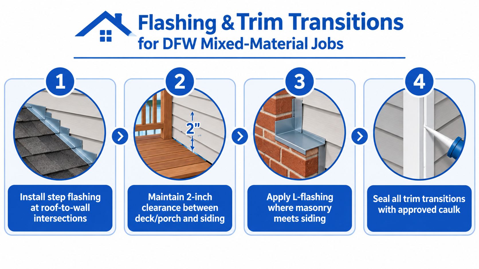A step-by-step guide illustrating proper flashing and trim installation techniques for DFW mixed-material home siding jobs.
