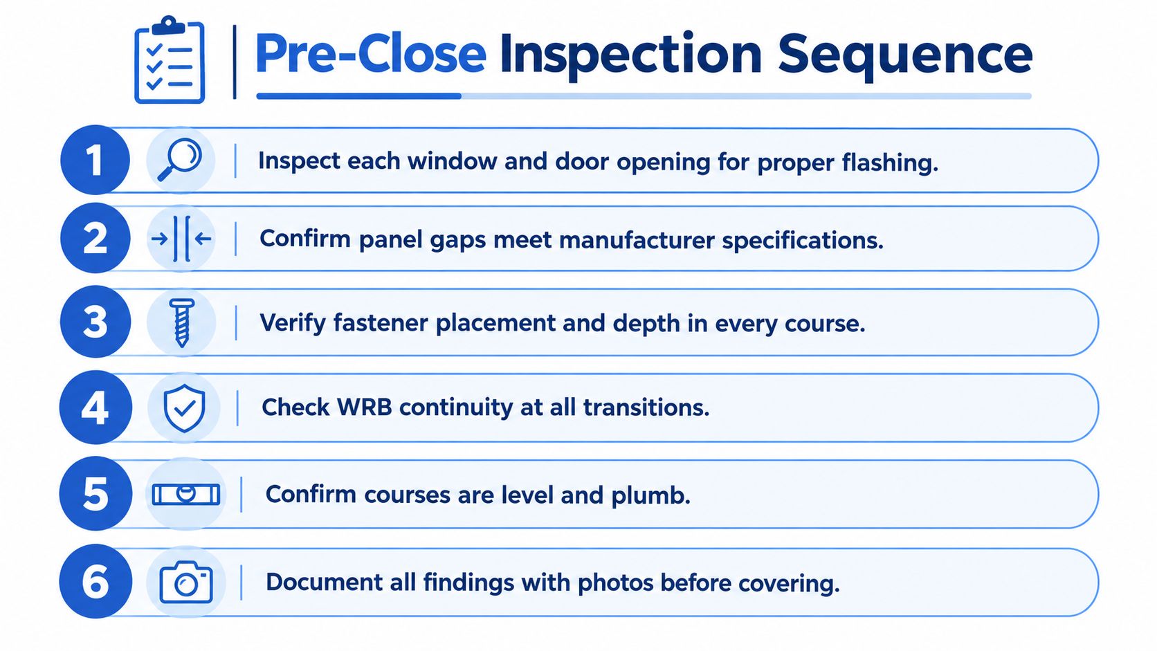 A six-step pre-close inspection sequence checklist for ensuring proper exterior siding installation and building standards.