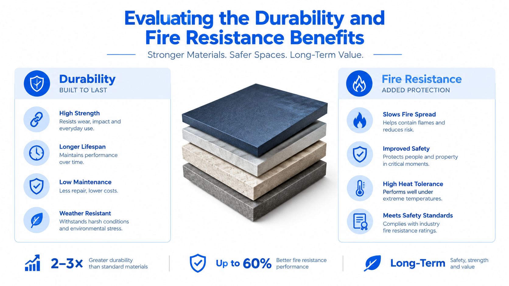 A comparative infographic illustrating the durability and fire resistance benefits of modern high-performance construction building materials.