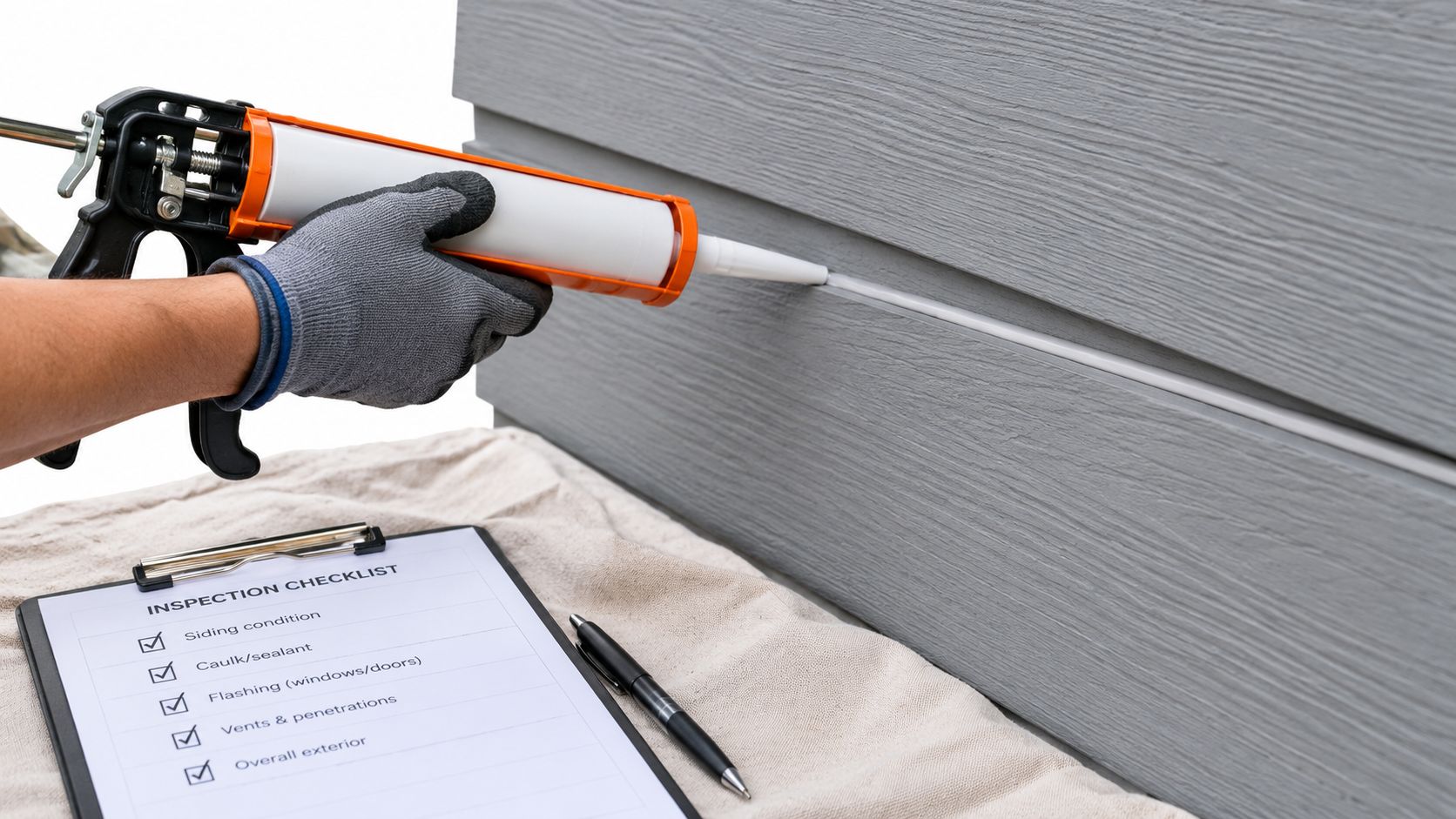 A professional contractor applying sealant to fiber cement siding as part of a home maintenance inspection.