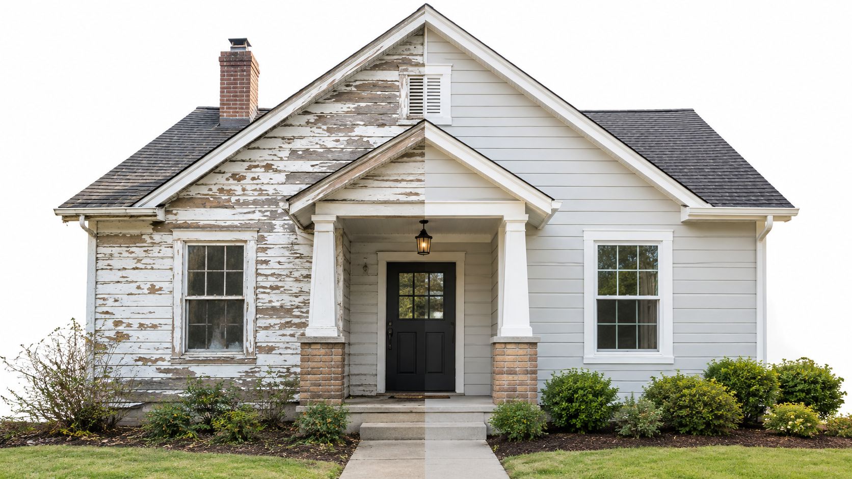 A split image showing a house facade before and after repair with new fiber cement siding installed.