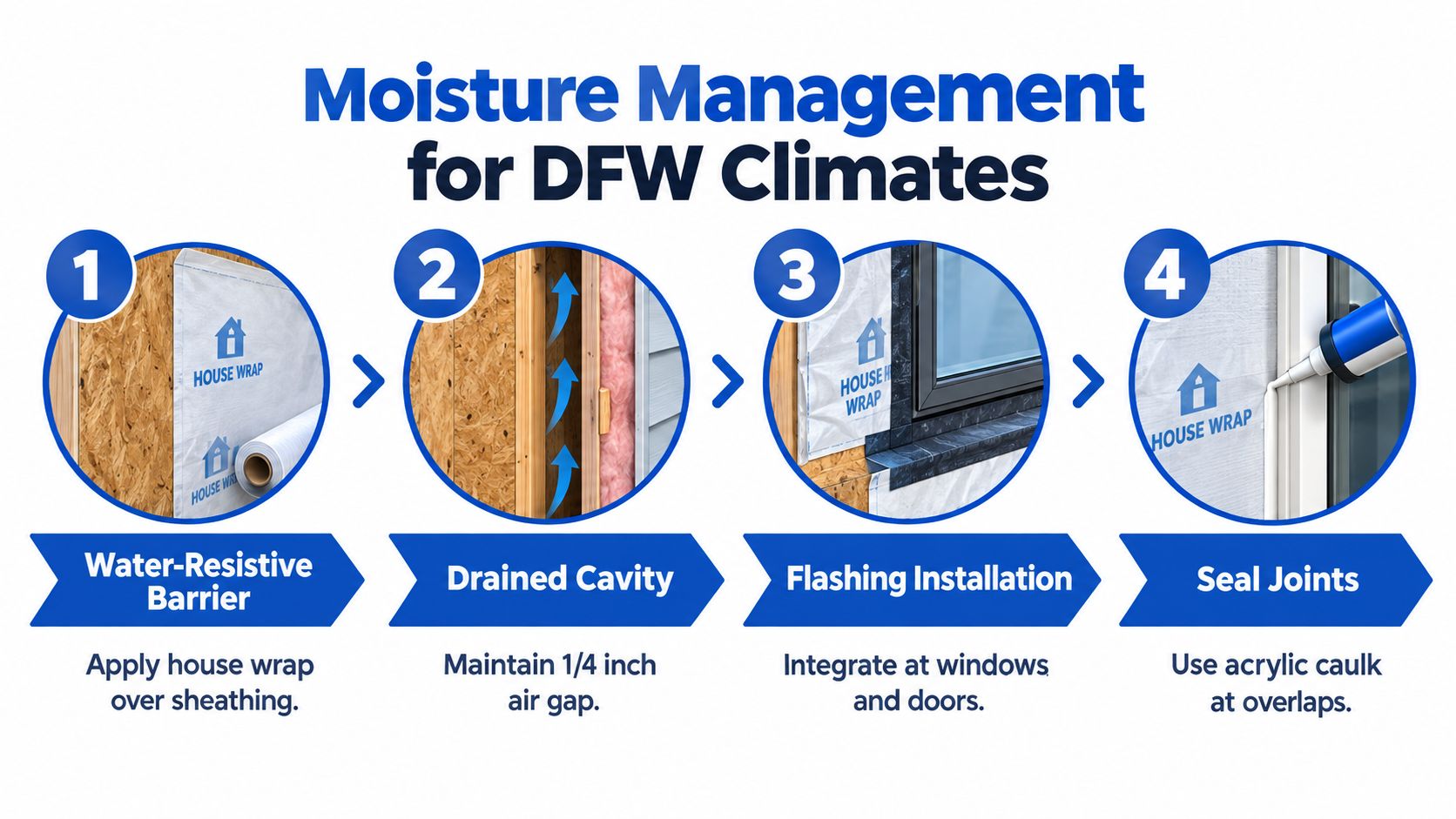 A four-step infographic illustrating moisture management for homes, featuring house wrap, air gaps, flashing, and sealant.
