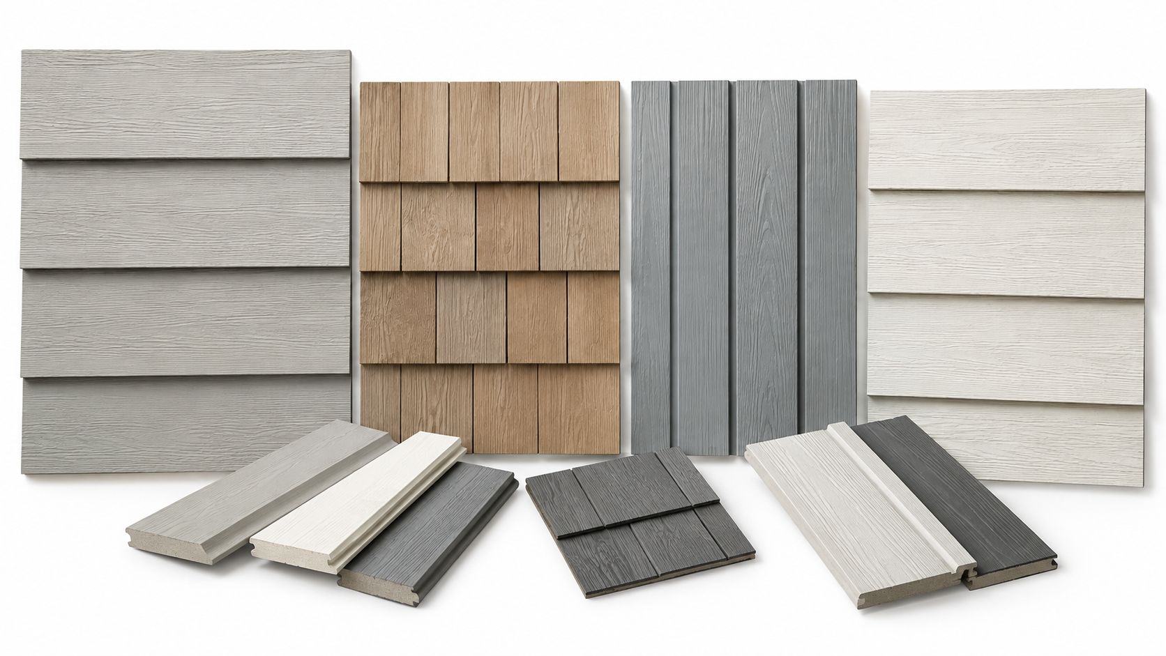 A collection of various fiber cement siding samples featuring wood-like textures, colors, and different panel profiles.