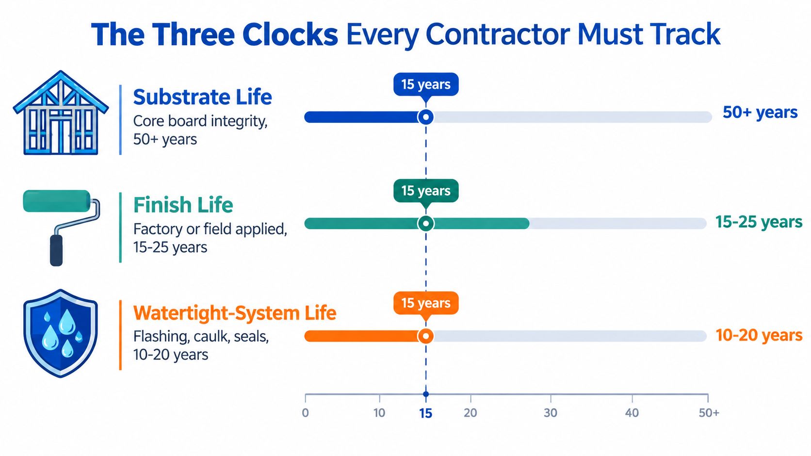 A diagram illustrating the three different lifespans for home siding: substrate life, finish life, and watertight-system life.