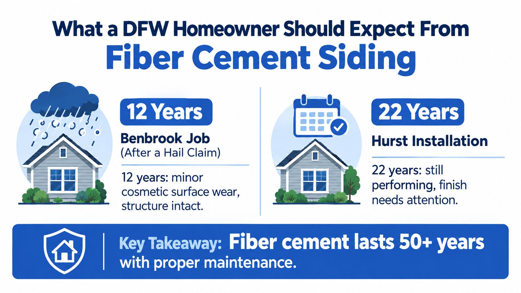 An infographic showing fiber cement siding durability, highlighting performance longevity and maintenance needs for DFW homeowners.