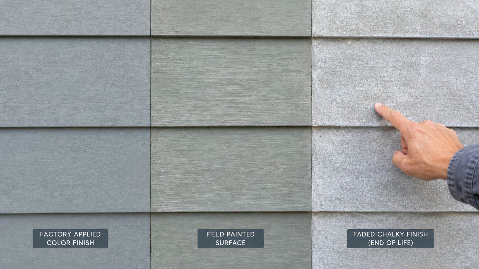 A hand pointing at fiber cement siding showing various stages of wear from factory finish to faded.
