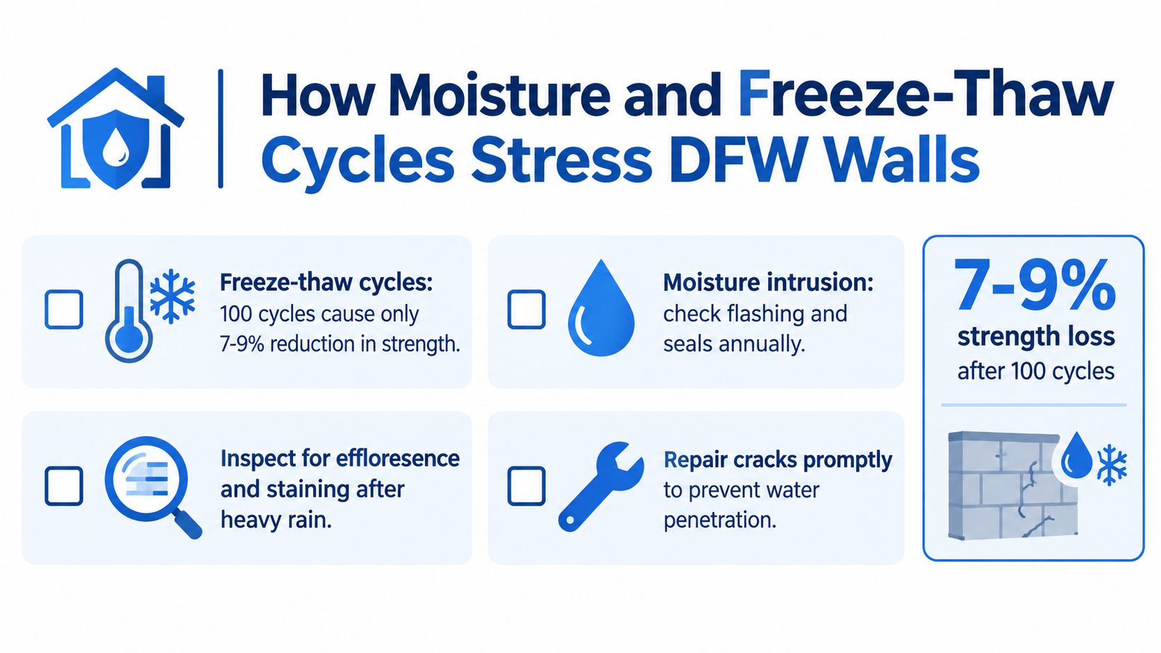 An infographic detailing how moisture and freeze-thaw cycles cause structural strength loss in DFW wall systems.