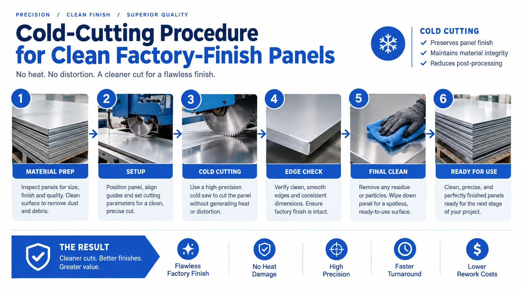 A step-by-step infographic illustrating the professional cold-cutting procedure for factory-finish metal panels to ensure precise edges.