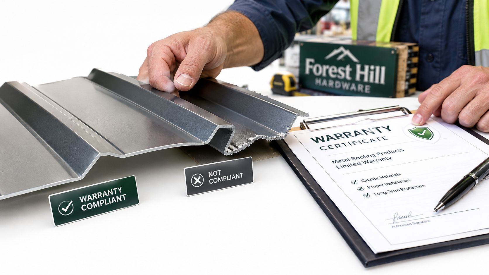 A professional inspecting metal roofing panels with a warranty certificate on a table for compliance standards.