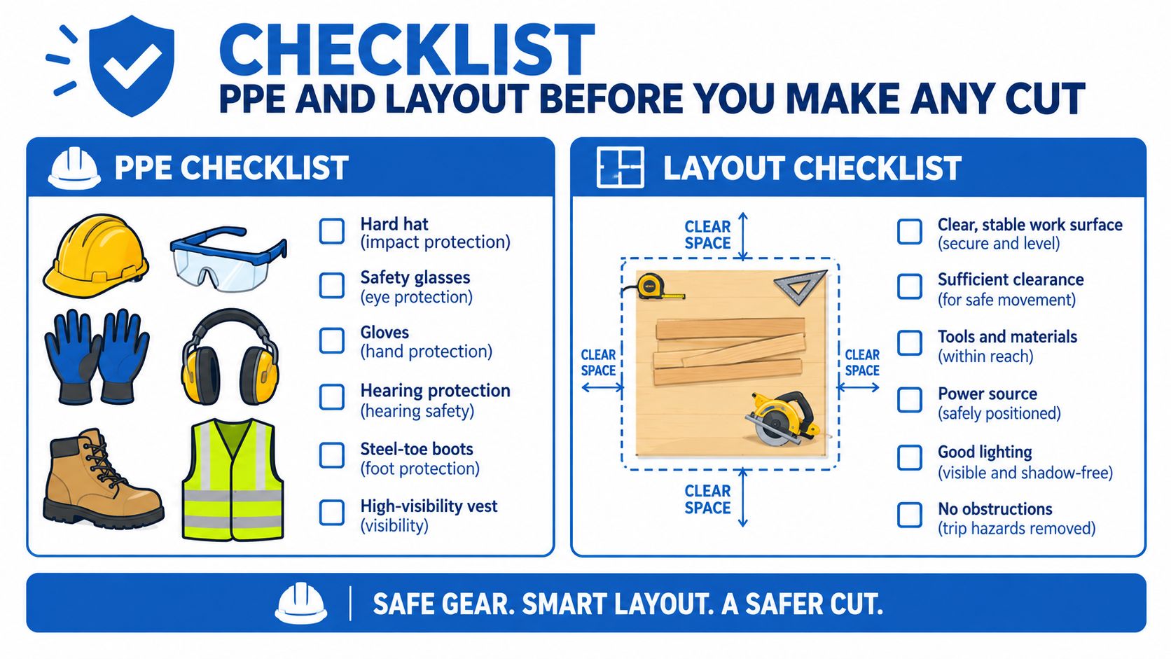 A safety checklist infographic displaying required protective equipment and workspace layout guidelines for safely cutting materials.