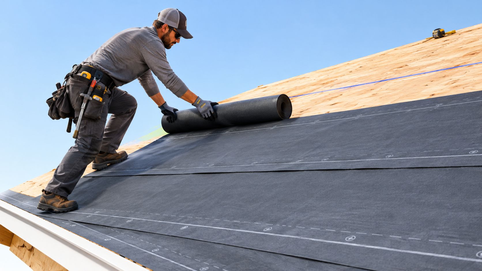 A professional roofer installing black synthetic roofing underlayment on a wooden plywood roof deck.