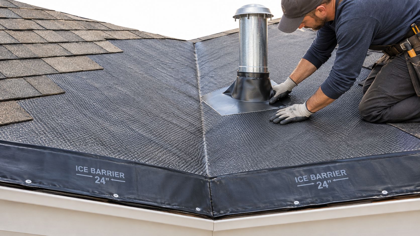 A roofer kneeling on a roof, carefully installing an ice and water barrier underlayment around a pipe vent.