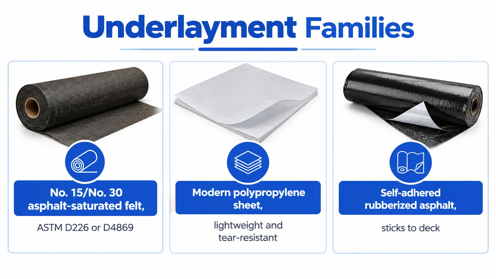 Three types of roofing underlayment including asphalt-saturated felt, modern polypropylene sheets, and self-adhered rubberized asphalt.