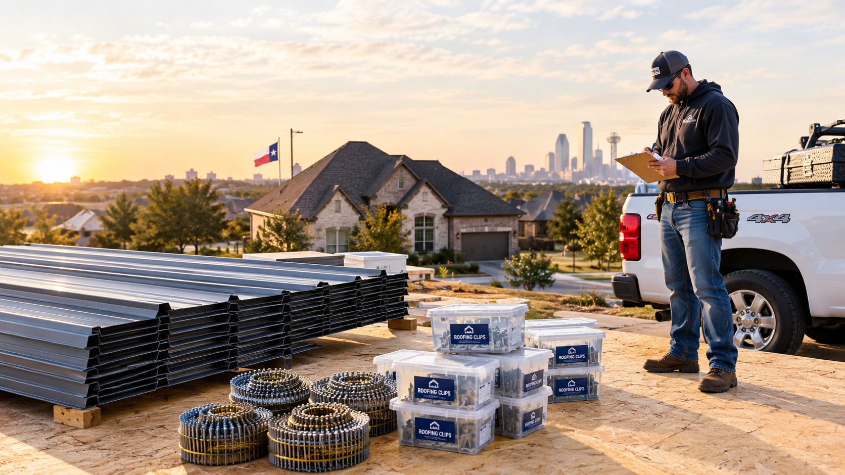 A professional roofing contractor checking metal roofing supplies on a residential construction site at sunset.