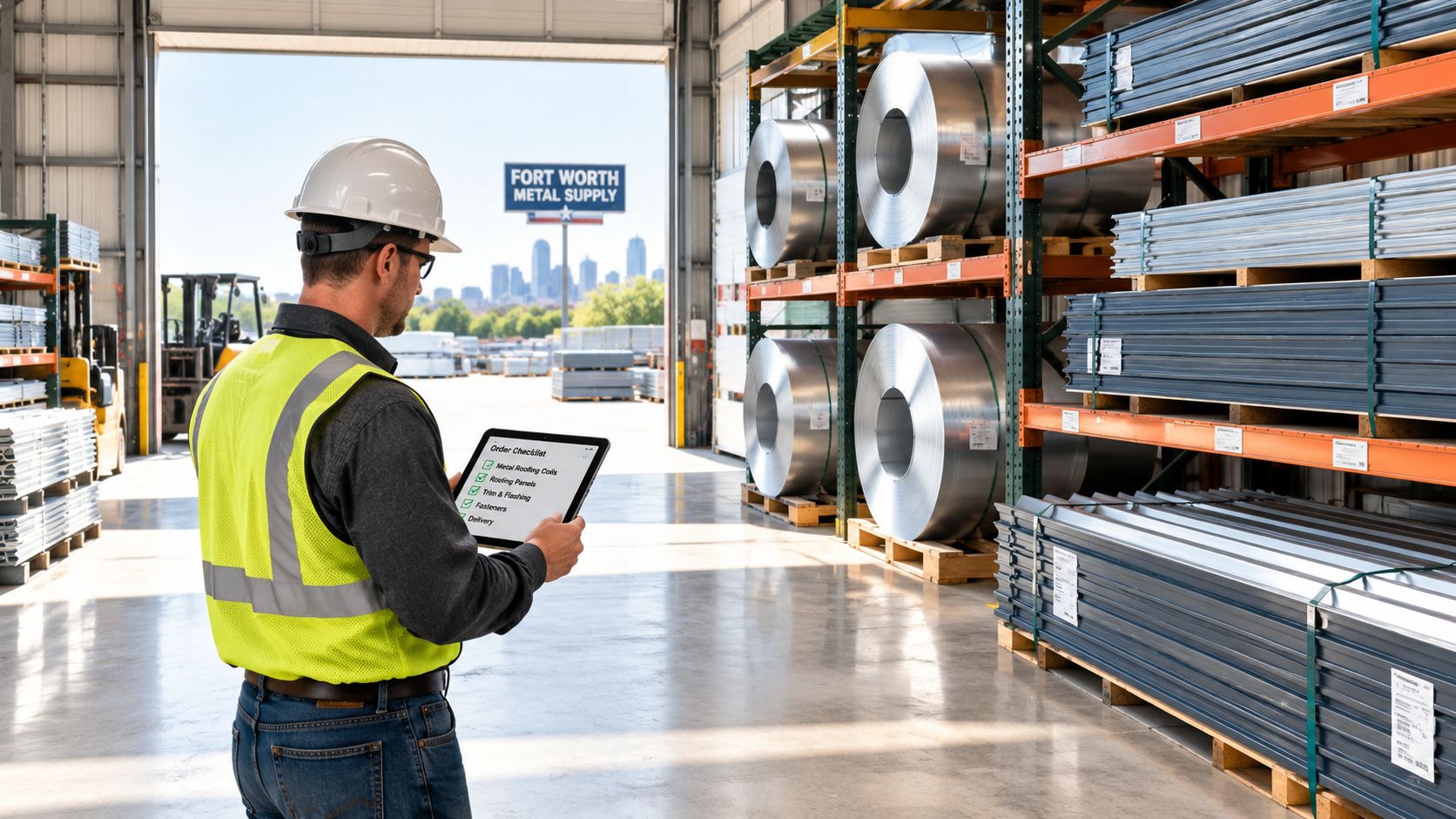 A warehouse worker in safety gear reviewing a metal roofing order checklist on a digital tablet.