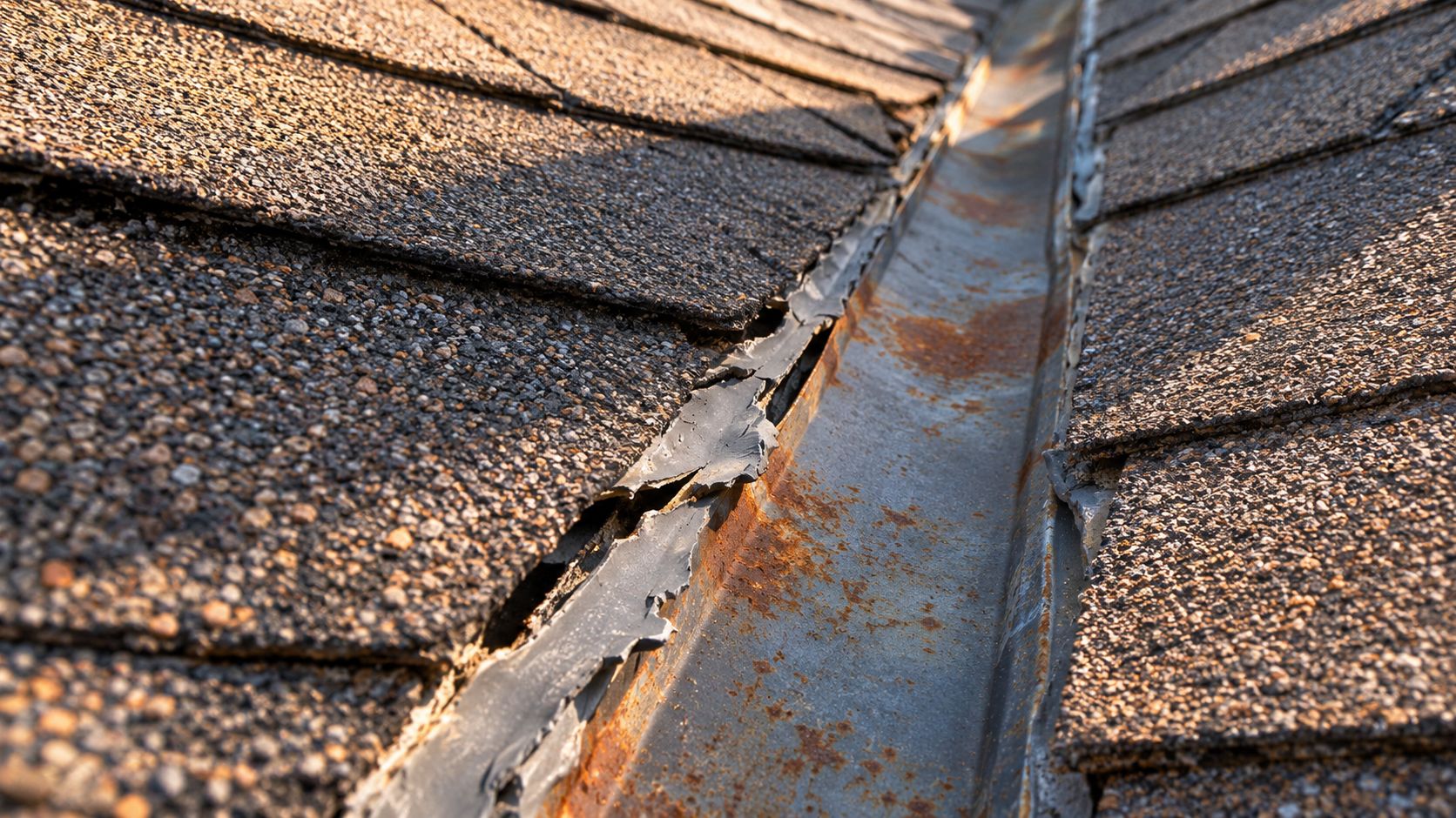 Close up view of damaged roof flashing with cracked, failing caulk seal on an aged metal valley.