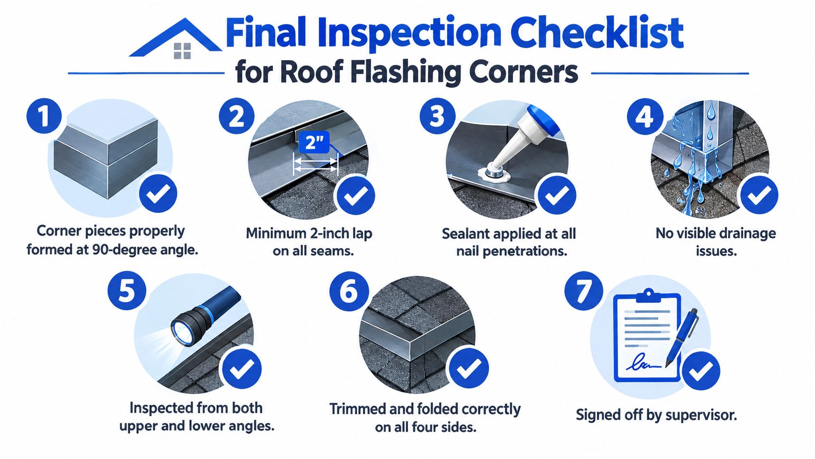 A seven-step final inspection checklist for properly installed roof flashing corners illustrated with professional instructional graphics.