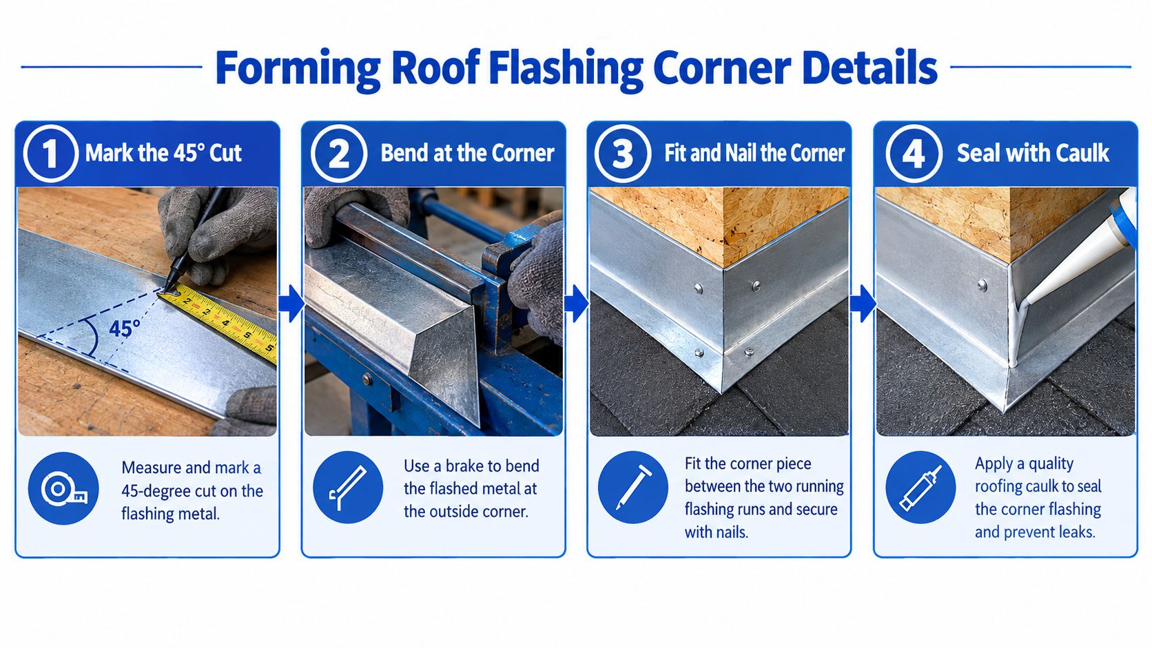 An infographic showing the four-step process for installing and forming metal roof flashing corners.