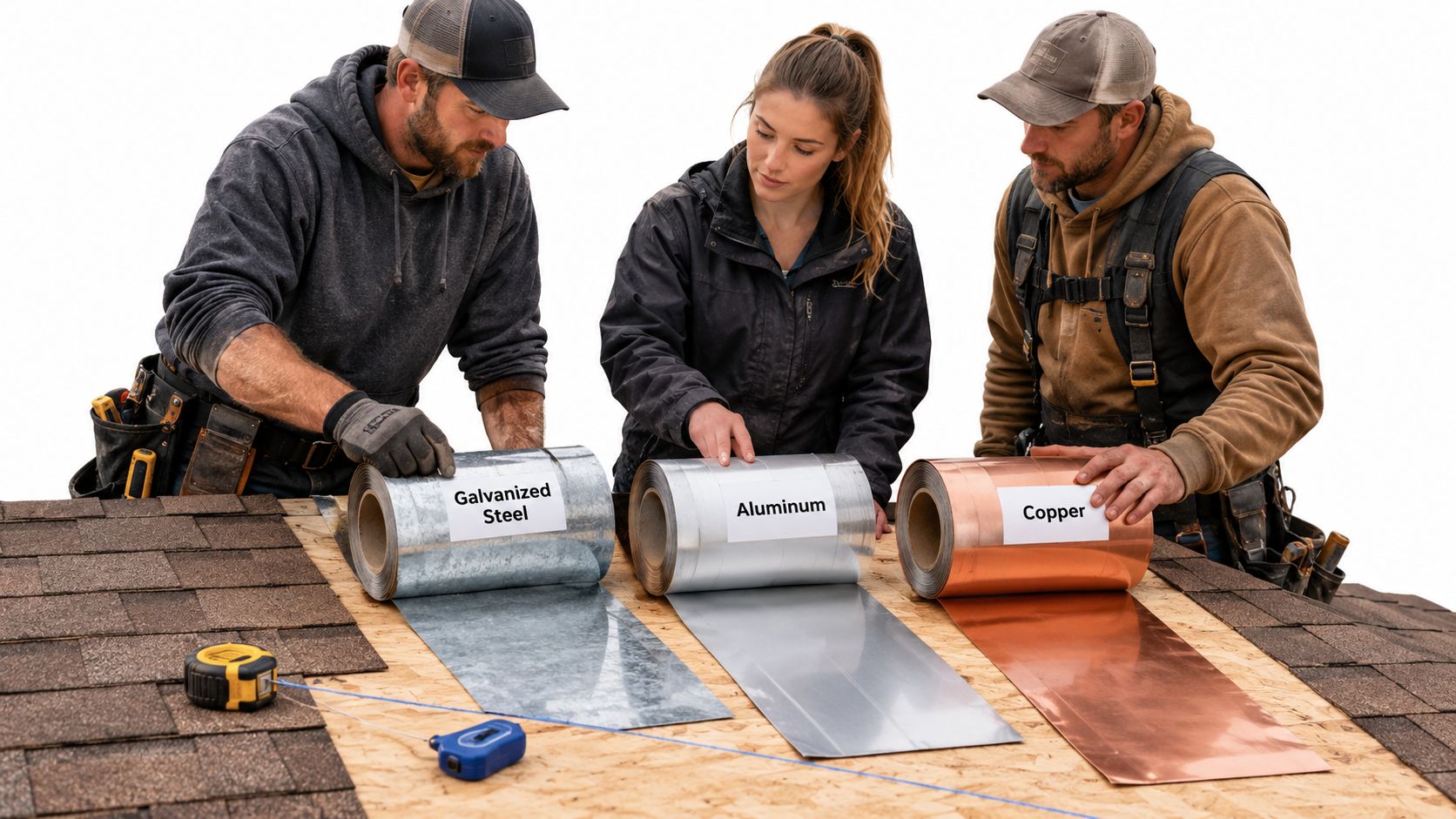 Two male workers and one female technician examining rolls of galvanized steel, aluminum, and copper flashing material.