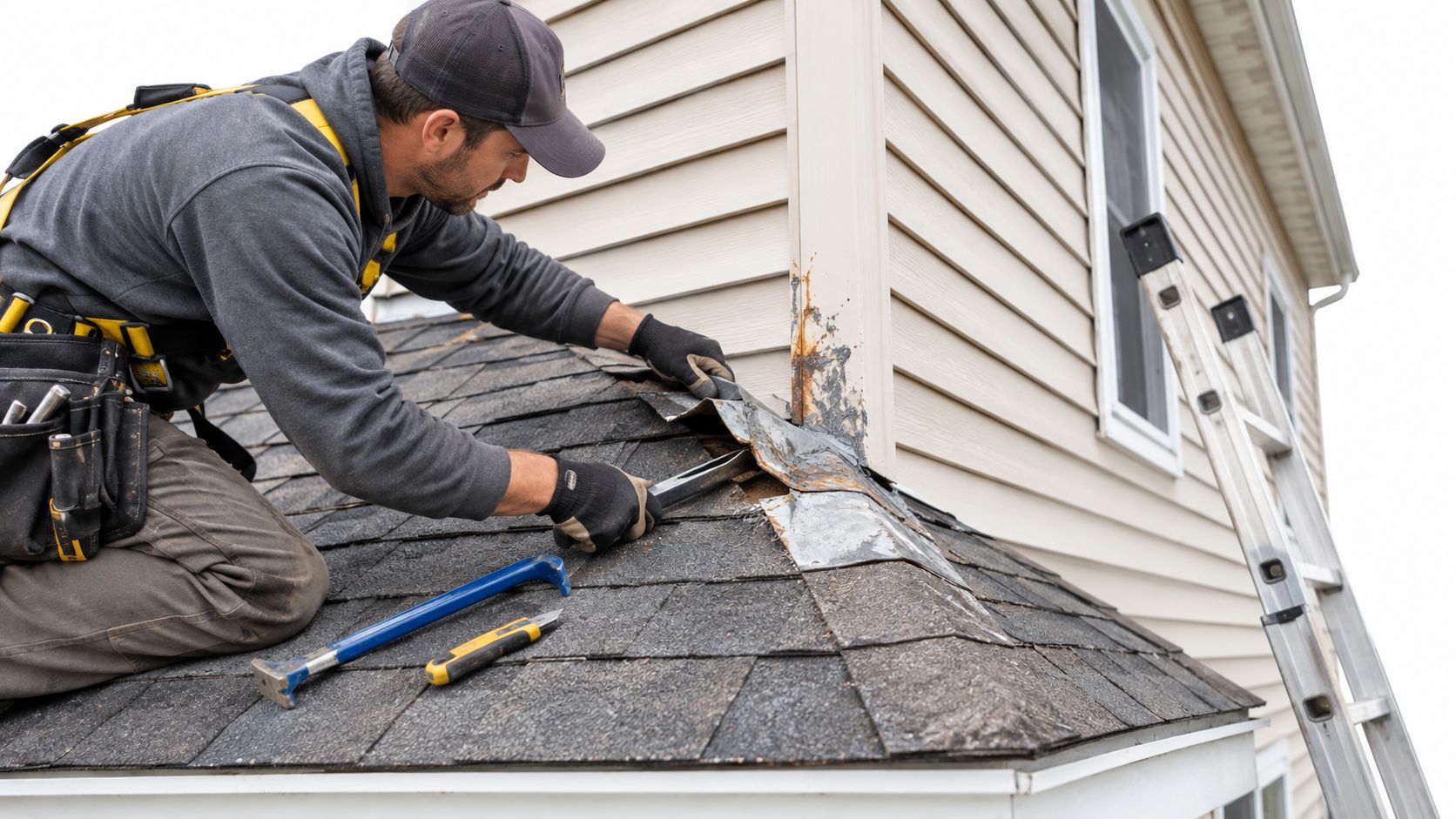 A professional roofer wearing a safety harness and gloves repairing metal flashing on a residential house roof.