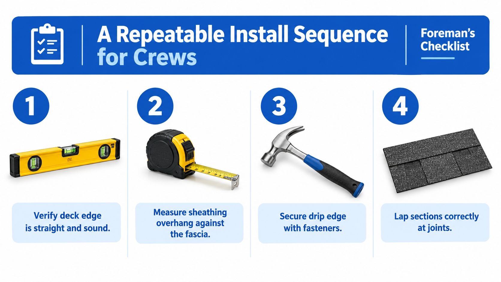 A four-step foreman checklist for installing drip edge flashing on a roof, including tools and instructions.