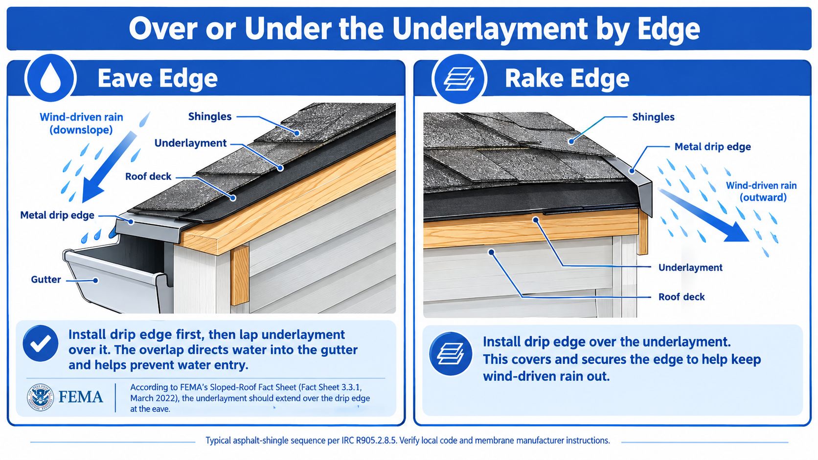 An infographic illustrating the correct installation sequence for roof drip edges at the eave and rake edges.