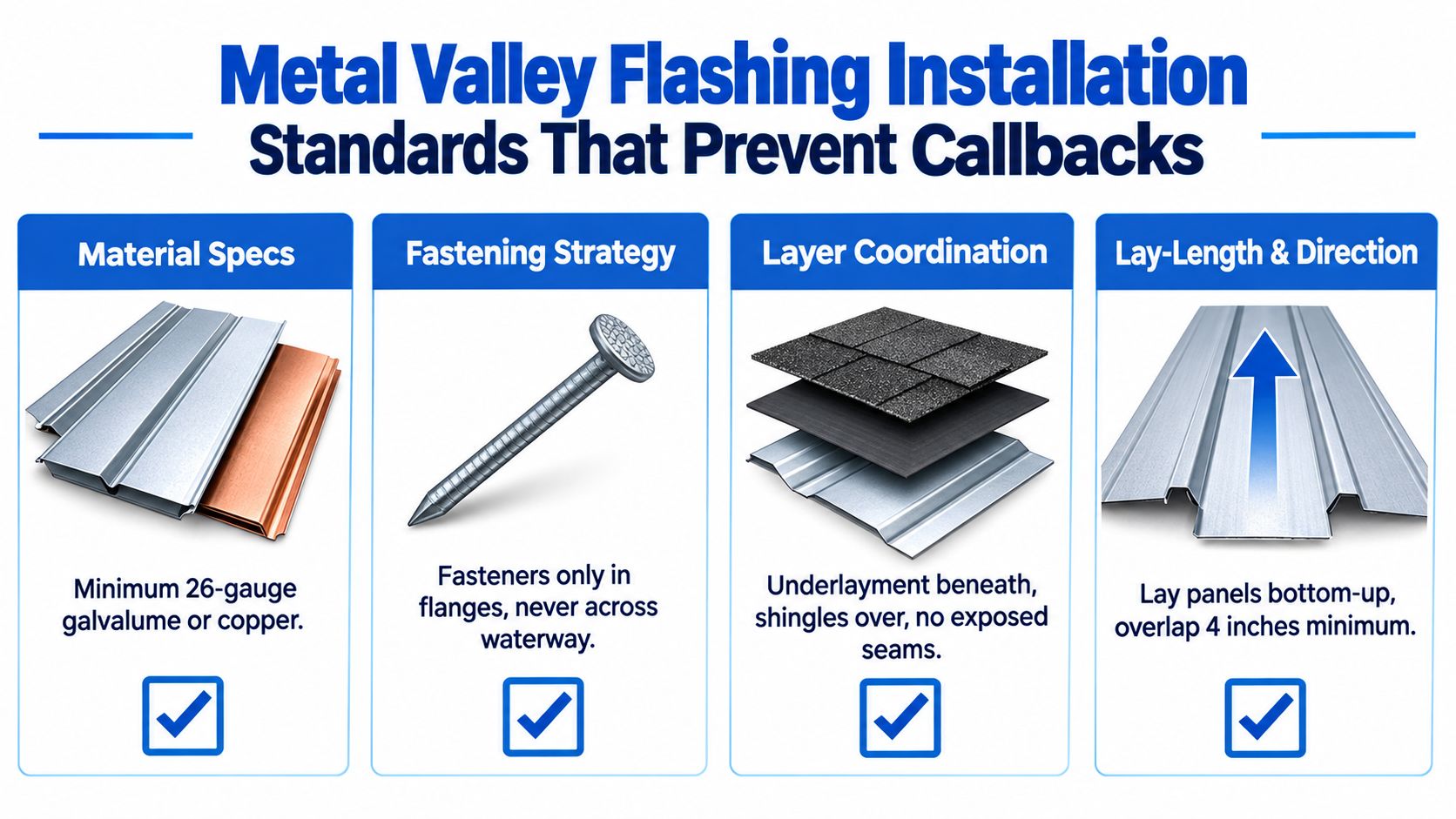 A professional infographic illustrating the standard installation guidelines for metal valley roof flashing to prevent callbacks.